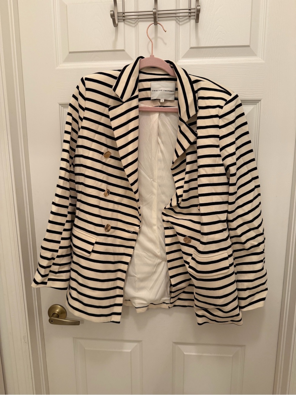 English Factory Cream and Black Striped Double-Breasted Blazer